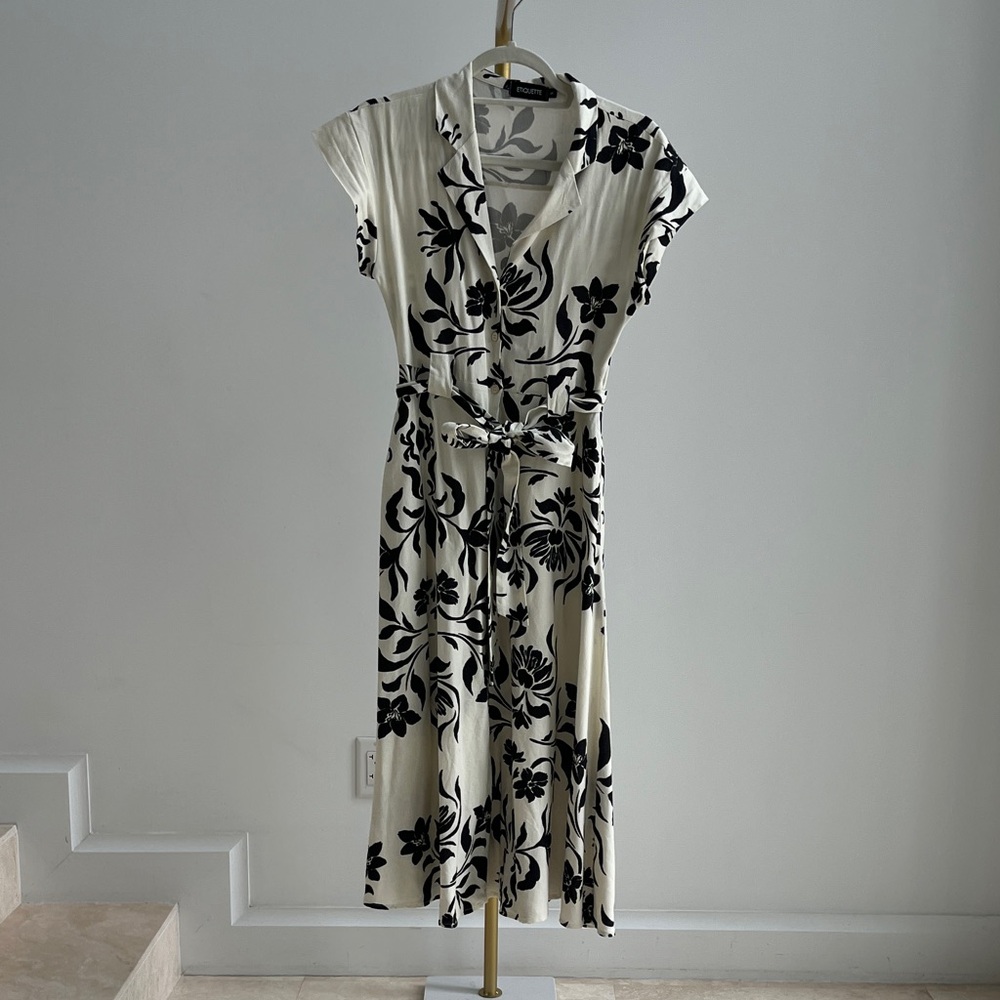 Etiquette Clothiers Black and Cream Floral Midi Dress